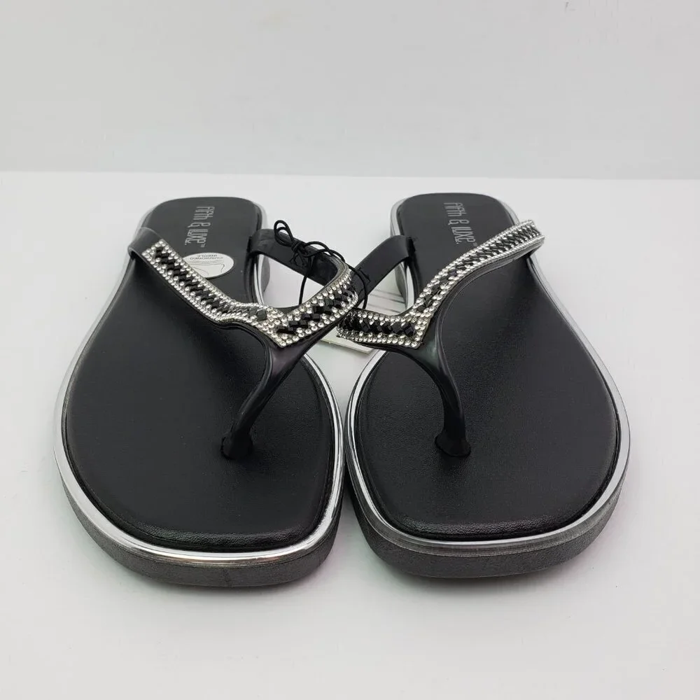 Fifth & Luxe Womens Sz 5/6 Black Silver Rhinestone Slip On Fashion Thong Sandals